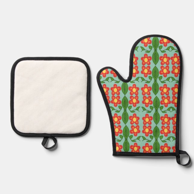 Custom Red Folk Art Flower & Leaf Pattern Oven Mitt & Pot Holder Set (Front)