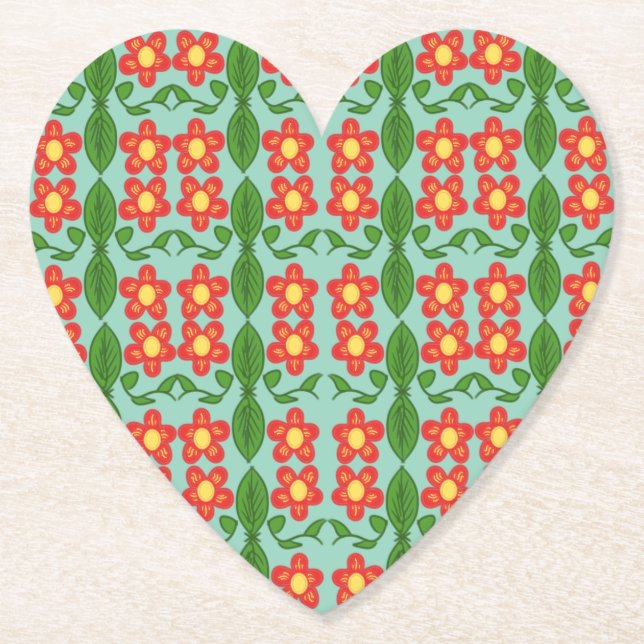 Custom Red Folk Art Flower & Leaf Pattern Paper Coaster (Front)