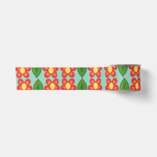 Custom Red Folk Art Flower & Leaf Pattern Satin Ribbon