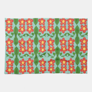 Custom Red Folk Art Flower & Leaf Pattern Tea Towel