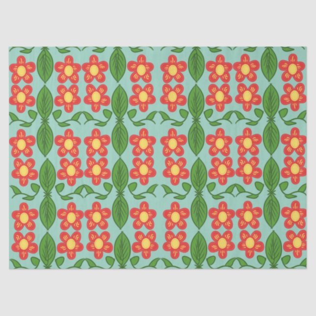 Custom Red Folk Art Flower & Leaf Pattern Tissue Paper (Front)