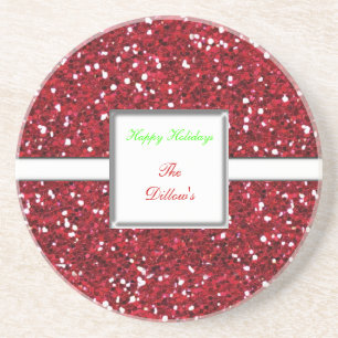 Custom Red Glitter Design Holiday Coaster
