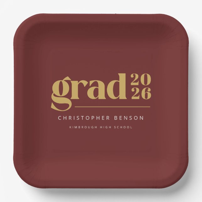 Custom Red Gold 2026 Grad Graduation Paper Plate (Front)