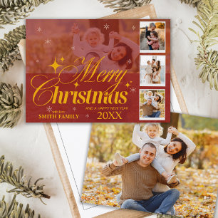 Custom Red & Gold Photo Collage Christmas Greeting Holiday Card