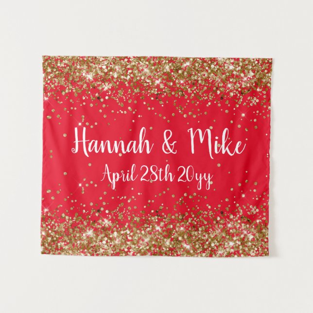 Custom Red Gold Wedding Backdrop Photo Booth Prop Tapestry (Front (Horizontal))