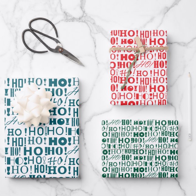 Custom Red Green and Blue Santa's HO! HO! HO! Wrapping Paper Sheet (Front)