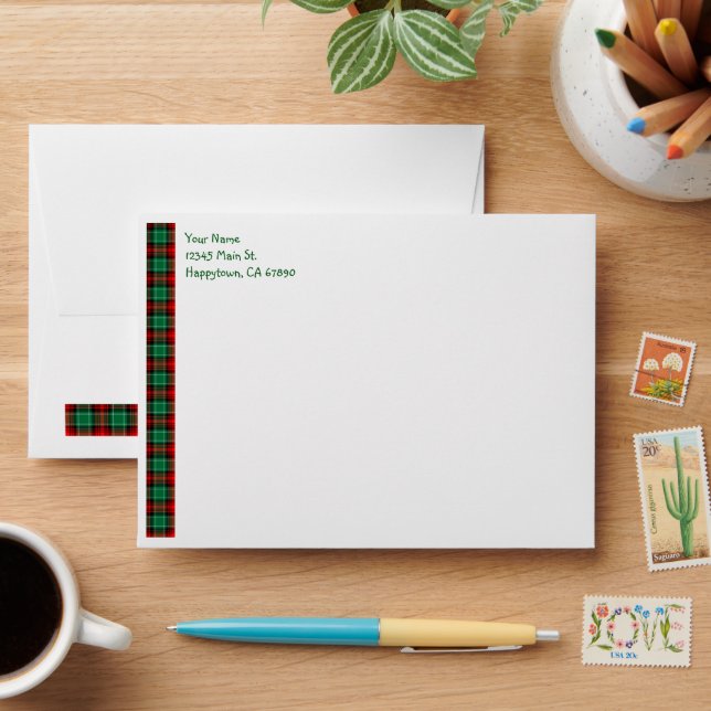 Custom Red Green Christmas Plaid A6 Envelopes (Desk)