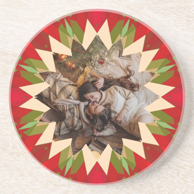 Custom Red Green Christmas Star Family Photo Gift Coaster (Front)