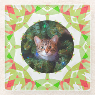 Custom Red Green Orange Merry Christmas Pet Photo Glass Coaster
