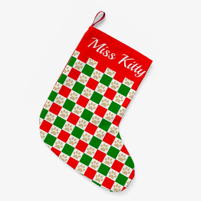 Custom Red Green Paw Print Chequered Pattern Pet Small Christmas Stocking (Front (Hanging))