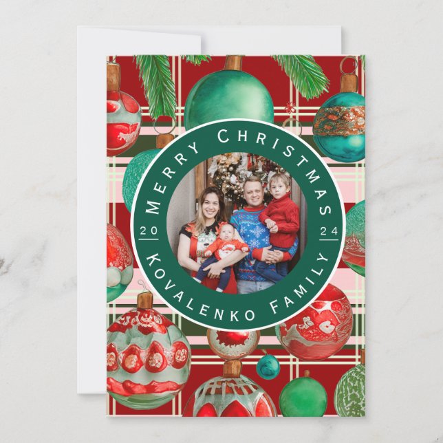 Custom Red Green Plaid Christmas Family Photo  Holiday Card (Front)