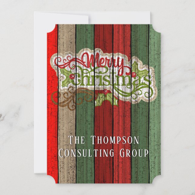 Custom Red Green Weathered Wooden Planks Pattern Holiday Card (Front)