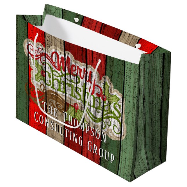 Custom Red Green Weathered Wooden Planks Pattern Large Gift Bag (Front Angled)