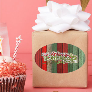 Custom Red Green Weathered Wooden Planks Pattern Oval Sticker