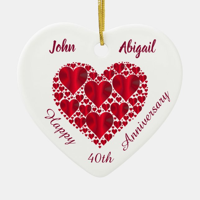 Custom. Red Hearts. Ruby Wedding Anniversary. Ceramic Ornament (Front)