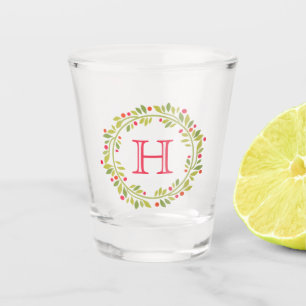 Custom Red Holly Berries Green Leaves Wreath Shot Glass