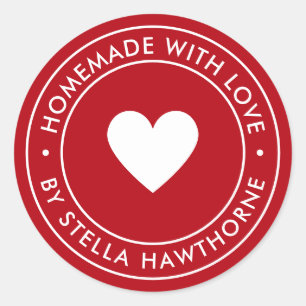 Custom Red Homemade With Love Heart Classic Round Sticker