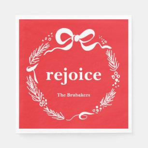 Custom Red Modern Hand Drawn Bow Rejoice Christmas Napkin