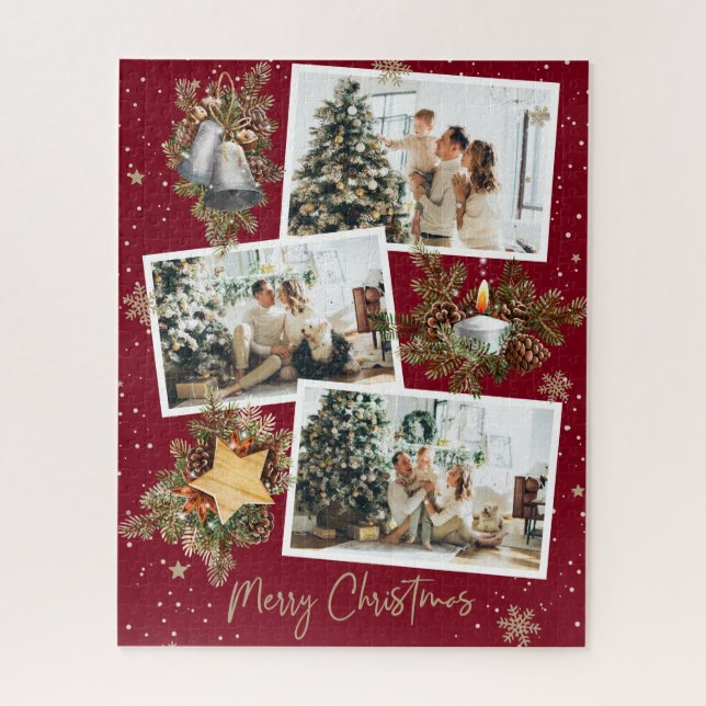 Custom Red Photo Collage Christmas Jigsaw Puzzle (Vertical)