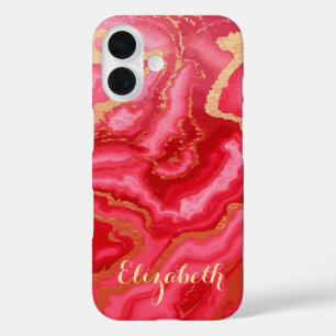 Custom Red & Pink Marble With Gold iPhone 16 Case