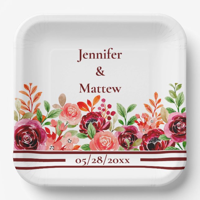 Custom Red Pink Orange Flower Paper Plate (Front)