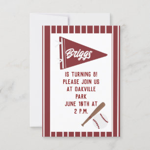 Custom red pinstripe baseball birthday invitation 