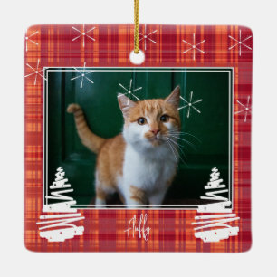 Custom Red Plaid Christmas Family Photo and Pet Ceramic Ornament