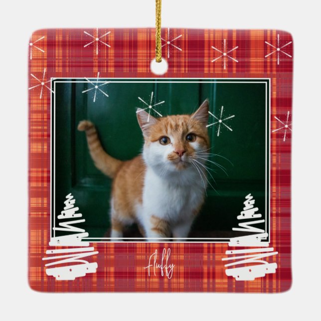 Custom Red Plaid Christmas Family Photo and Pet Ceramic Ornament (Back)