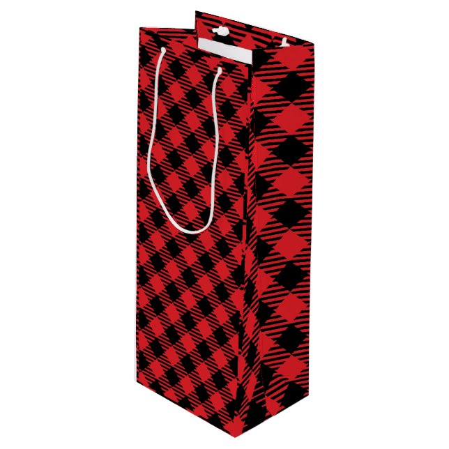 Custom Red Plaid gift bag, personalised Christmas Wine Gift Bag (Front Angled)