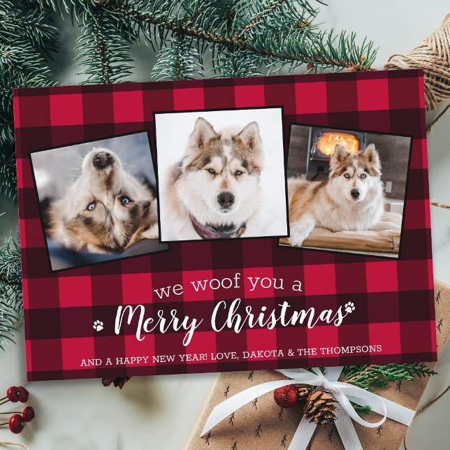 Custom Red Plaid Pet Photo Collage Dog Lover Holid Postcard (Creator Uploaded)