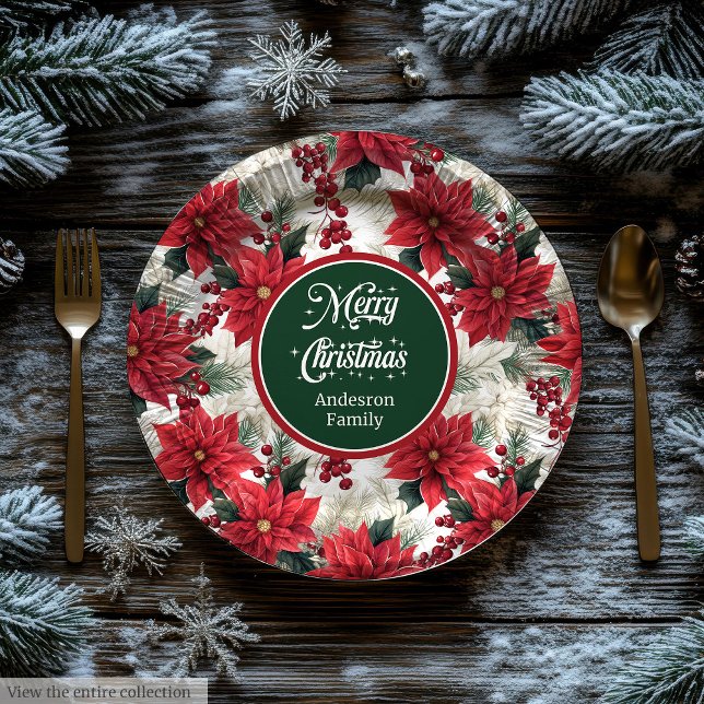 Custom Red Poinsettia Chic Christmas Paper Plates  (Custom Red Poinsettia Chic Christmas Paper Plates )