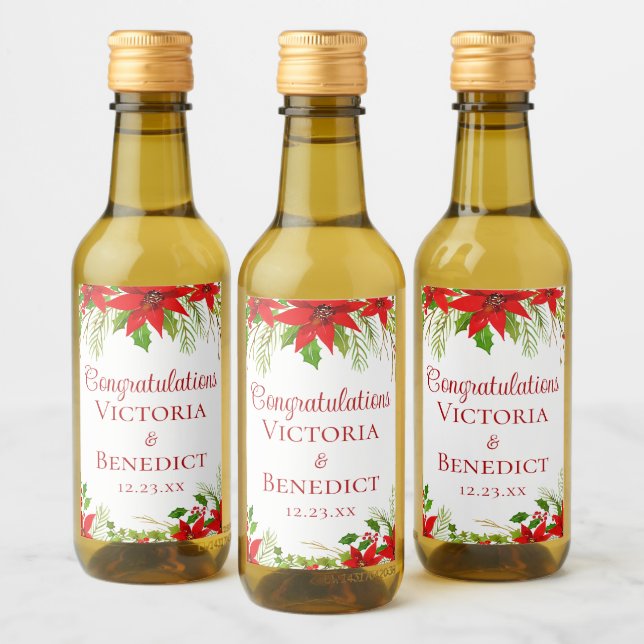 Custom Red Poinsettia Christmas Wedding Floral Wine Label (Bottles)