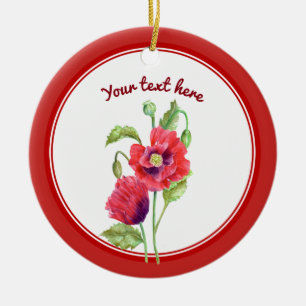 Custom Red Poppies Botanical Floral Art Ceramic Ornament