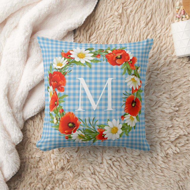 Custom Red Poppies White Yellow Daisies Wreath Cushion (Blanket)