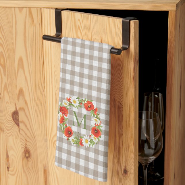 Custom Red Poppies White Yellow Daisies Wreath Tea Towel (Thirds Fold)
