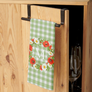 Custom Red Poppies White Yellow Daisies Wreath Tea Towel