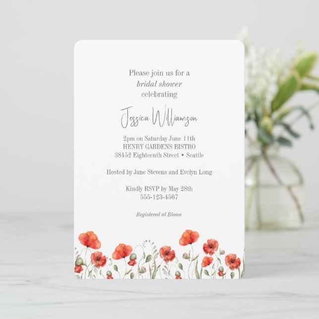 Custom Red Poppy Garden Floral Chic Bridal Shower Invitation (Standing Front)