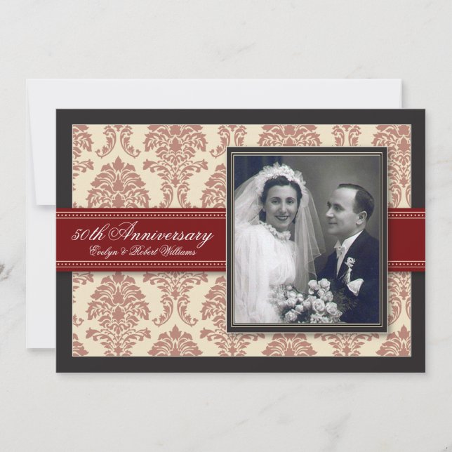 :custom: Red Ribbon Damask Party Invitation (Front)
