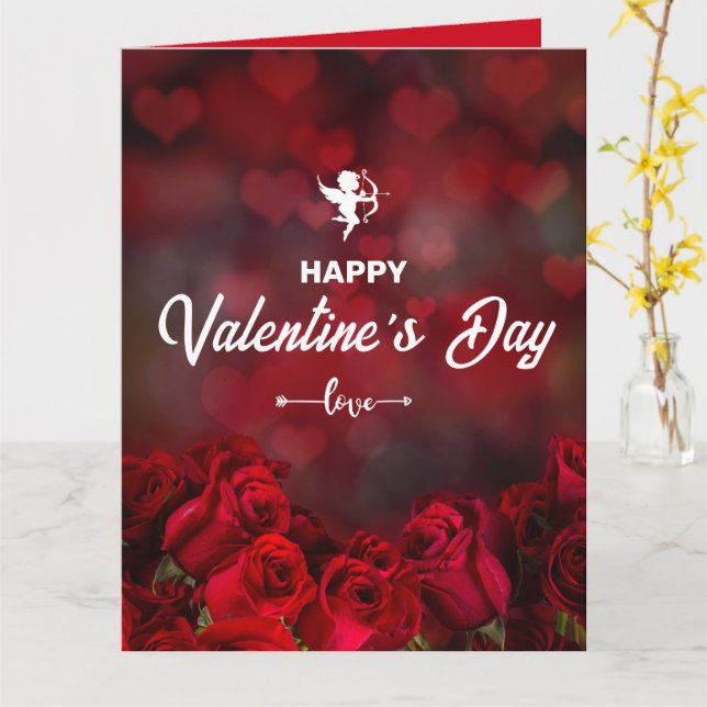 Custom Red Roses Cupid Romantic Trendy Valentine Card (Yellow Flower)