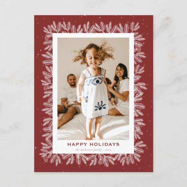 Custom Red Rustic Pine Snow Photo Happy Holiday Postcard (Front)