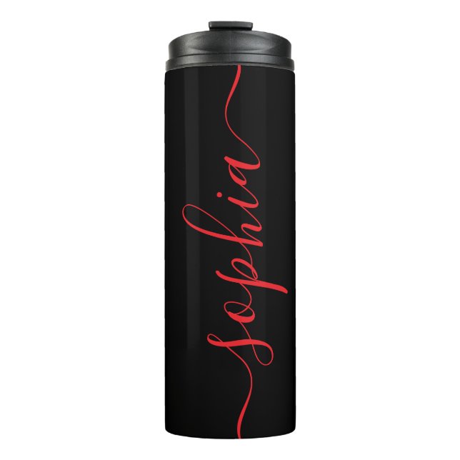 Custom Red Script Name Black Thermal Tumbler (Front)