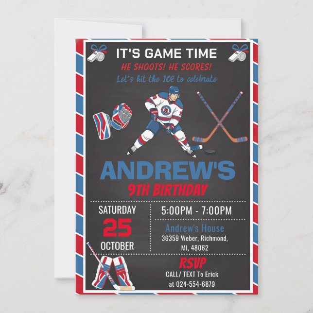 Custom RED Simple Hockey Birthday Invitation (Front)