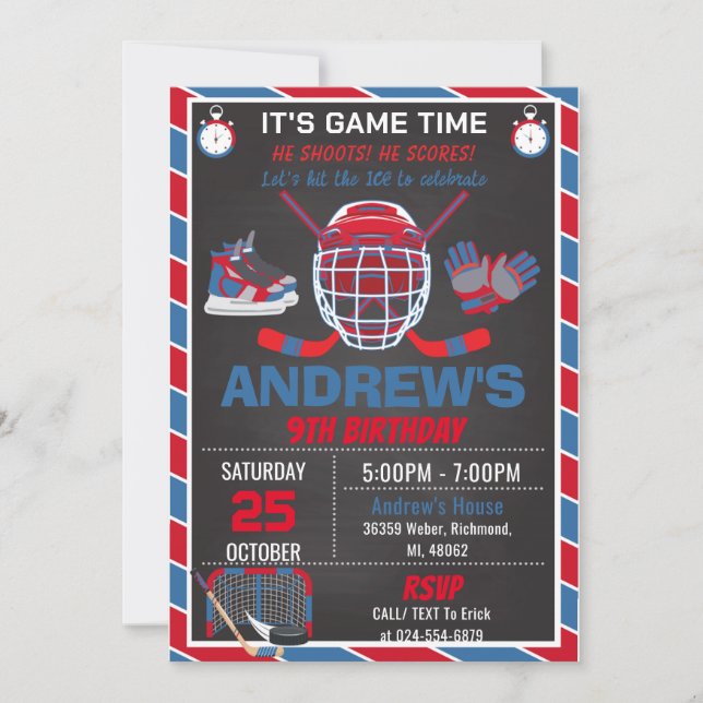 Custom RED Simple Hockey Birthday Invitation (Front)