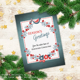 Custom Red Teal Blue Bird & Floral Folk Art Wreath Holiday Card