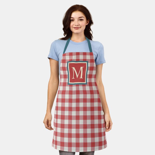 Custom Red Teal Blue Ivory Gingham Pattern Apron (Worn)