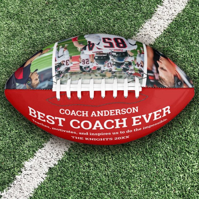 Custom Red Team Best Coach Ever Photo Collage Football (Personalize this football keepsake gift for your favorite coach!)