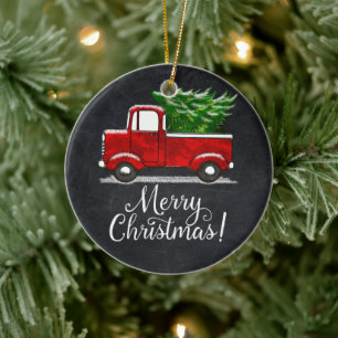 Custom Red Truck Merry Christmas Country Ceramic Ornament