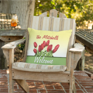 Custom Red Tulips Welcome Modern Retro Script Cushion