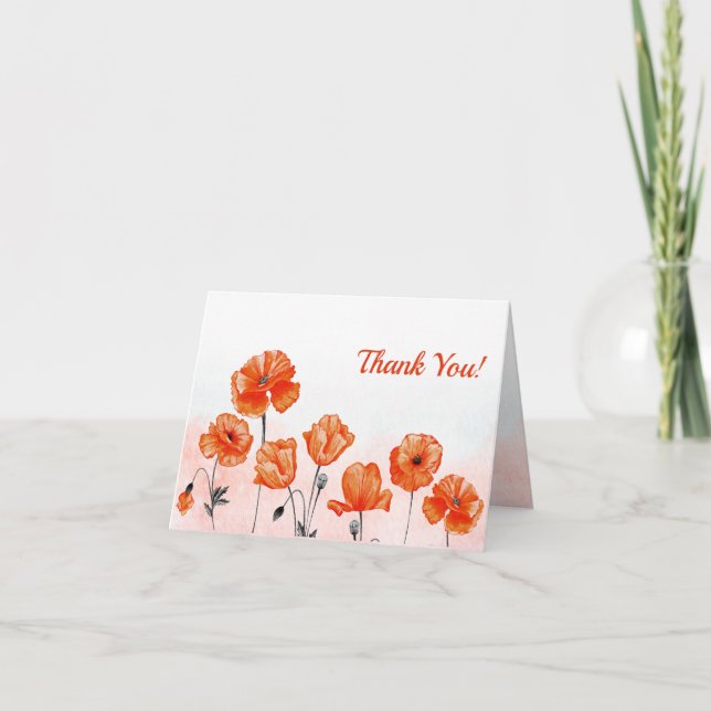 Custom Red Watercolor Poppies Thank You Card (Front)