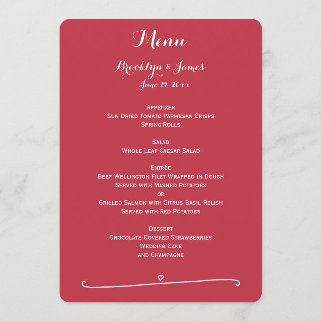 Custom Red Wedding Menu With Heart (Front)